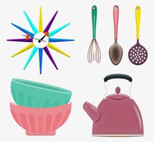 Kitchen Utensils, Retro Kitchen, Bowls, Clock, Teapot - Utensílios De Cozinha Em Png, Transparent Png, Free Download