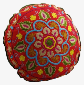 Red Swirl Hand-embroidered Round Decorative Floor Pillow - Cushion, HD Png Download, Free Download