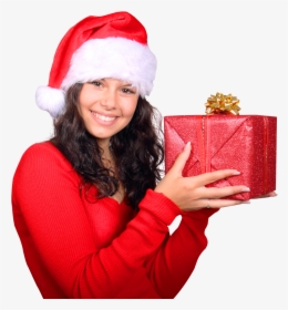 Girl With Red Santa Claus Hat Holding Gift Box Png - Santa Claus Girl Png, Transparent Png, Free Download