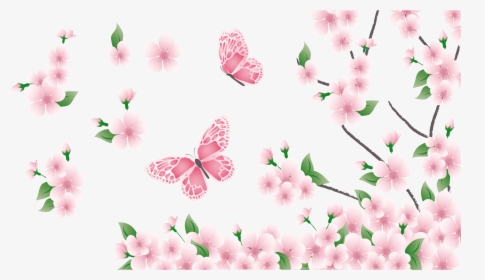 Branch With Pink Flowers - Pink Flowers And Butterflies, HD Png Download, Free Download