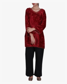 Red Flare Sleeved Zari Embroidered Chenille Kurta - Velvet, HD Png Download, Free Download