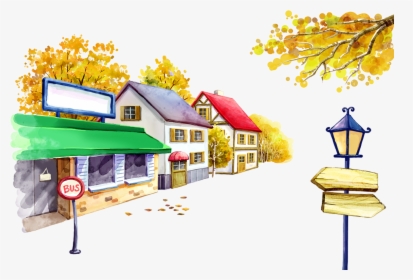 And Bus Stop Illustration Houses Street Cartoon Clipart - Houses Cartoon Png, Transparent Png, Free Download