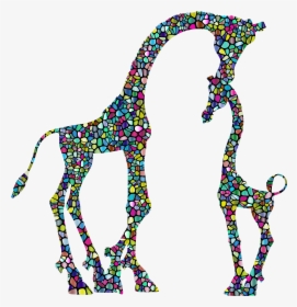 Polyprismatic Tiled Mother And Child Giraffe Silhouette - Baby Giraffe Clipart Black And White, HD Png Download, Free Download