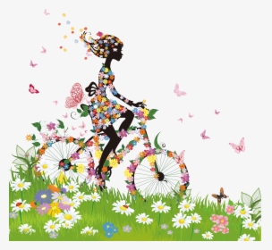Woman Silhouette Flowers Bicycle Grass Overlay - Flow Of Positive Energy, HD Png Download, Free Download