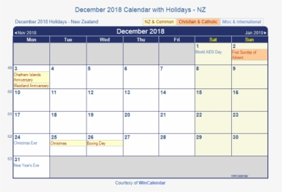 December 2018 Calendar With Nz Holidays To Print - Feriados Octubre 2019 Argentina, HD Png Download, Free Download
