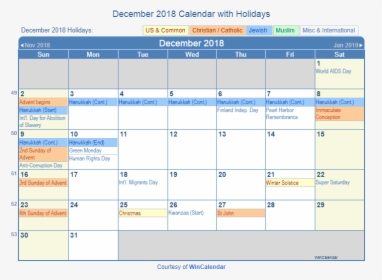 December 2018 Printable Calendar With Us Holidays - Holiday October 2019 Calendar, HD Png Download, Free Download