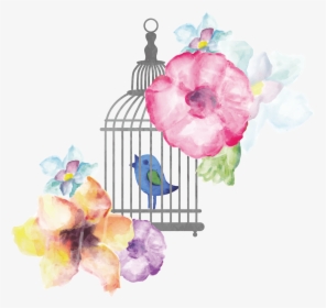 Birdcage Watercolor Painting - Watercolor Bird Flower Png, Transparent Png, Free Download