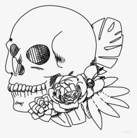 Skull And Flowers Outline Art Print - Flowers Outline, HD Png Download, Free Download