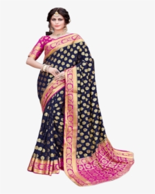Blue Color Nylon With Diamond Nylon Saree With Blouse - Navy Blue And Pink Silk Saree, HD Png Download, Free Download