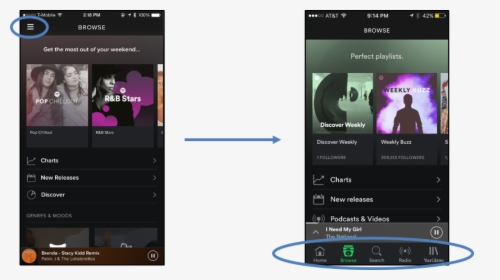 An Exposed Menu, As Seen In The Latest Spotify App, - Hamburger Menu In Apps, HD Png Download, Free Download