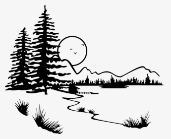 Lake Silhouette Clip Art - Mountain Trees Black And White, HD Png Download, Free Download