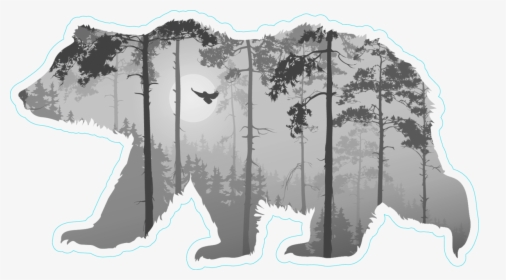 Forest With A Flying Owl In Bear Silhouette Sticker - Bear Silhouette With Forest Inside, HD Png Download, Free Download
