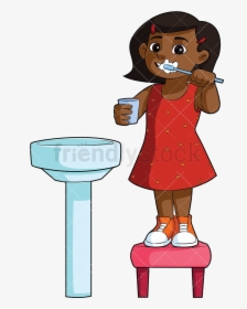 Brush Teeth Black Girl Brushing In Sink Cartoon Clipart - Black Girl Brushing Teeth Clipart, HD Png Download, Free Download