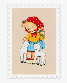 Little Lambs Girl And Lamb Greetings Card , Transparent - Cartoon, HD Png Download, Free Download