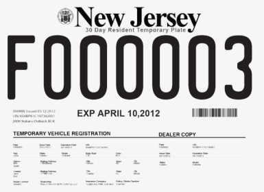 New Jersey Temporary Plate, HD Png Download, Free Download
