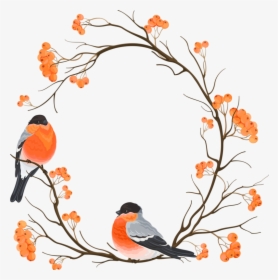 Branch Chinese Round Bird Eurasian Bullfinch Embroidery - Autumn Flower Frame Png, Transparent Png, Free Download