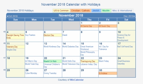 November 2018 Printable Calendar With Us Holidays - August 2018 Calendar Holidays, HD Png Download, Free Download