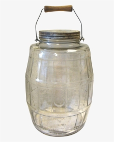 Big Vintage Glass Pickle Barrel Jar Bale Wood Handle - Wooden Handle Glass Jar, HD Png Download, Free Download