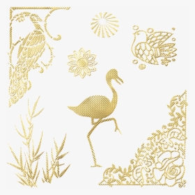 Flamingo, Peacock, Gold Foil, Bird, Corner, Bamboo - Illustration, HD Png Download, Free Download