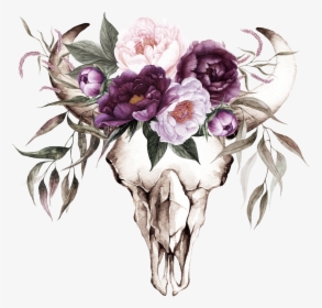 Cow Skull With Purple Flowers Transfer - Longhorn Skull With Flowers, HD Png Download, Free Download