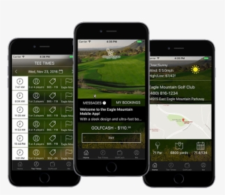 An Image Depicting Three Phone Screens Displaying Various - Golf Tee Time App, HD Png Download, Free Download