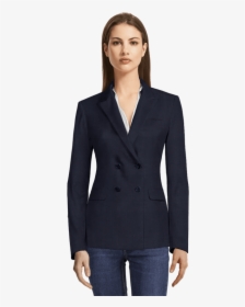 Premium Navy Blue Dobby Double Breasted Blazer-view - Double Breasted Blazer Green Women, HD Png Download, Free Download