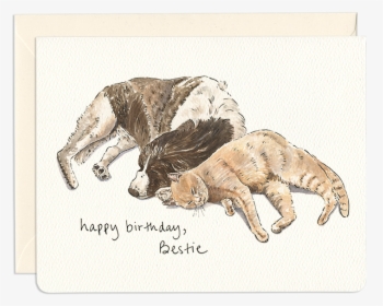 Dog & Cat Friends Greeting Card - Happy Birthday Card Dog Birthday Drawing, HD Png Download, Free Download