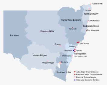Map Of Nsw Trauma Services - Major Hospitals Nsw, HD Png Download, Free Download