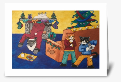 Christmas Santa Surprise Cats Greeting Card - Cartoon, HD Png Download, Free Download