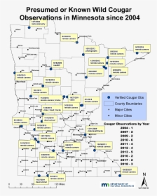 A Map Of Cougar Sightings In Minnesota - Mountain Lion Sightings In Mn, HD Png Download, Free Download