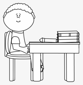 Black And White Boy In School - Boy Sits In Class Black And White Clipart, HD Png Download, Free Download