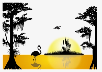 Transparent Sunset Clip Art - Swamp Scene Silhouette, HD Png Download, Free Download