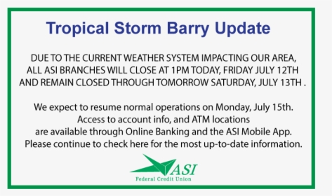 Asi Branches Will Be Closed At 1pm On Friday, July - Asi Federal Credit Union, HD Png Download, Free Download