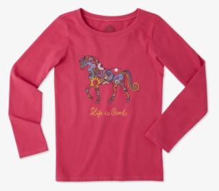 Girls Flower Swirl Horse Long Sleeve Crusher Tee - Long-sleeved T-shirt, HD Png Download, Free Download