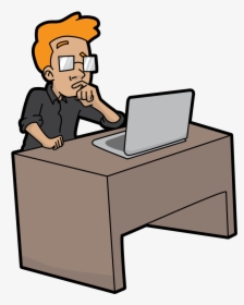 Cartoon Guy In Deep Thought Using A Computer - Guy On Computer Cartoon, HD Png Download, Free Download