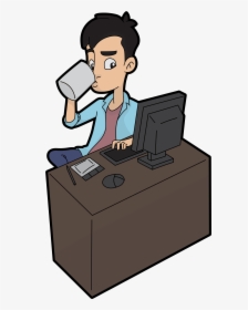 Cartoon Guy Drinks While Using A Computer Clipart , - Guy On Computer Cartoon, HD Png Download, Free Download