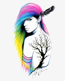 Tattoo Rainbow Lady Women Indian Feather - Pixiecold Art, HD Png Download, Free Download