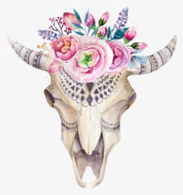Watercolor Flower Skull Boho-chic Painted Pattern Illustration - Transparent Floral Bull Skull, HD Png Download, Free Download