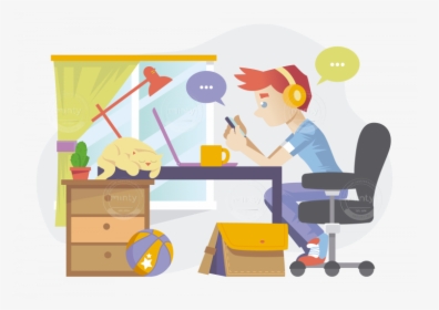 A Freelancer In A Room Working And Texting While A - Cartoon, HD Png Download, Free Download