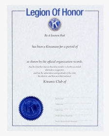 Legion Of Honor Certificate - Kiwanis Legion Of Honor, HD Png Download, Free Download