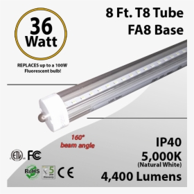 8 Ft Led Tube Clear Lens 5000k 4400 Lumens Etl - Fluorescent Lamp, HD Png Download, Free Download
