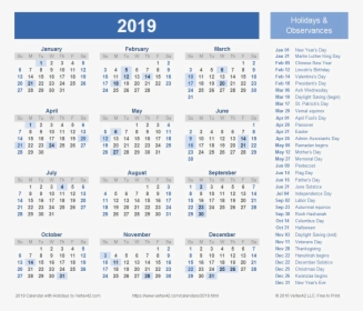 2019 Calendar Png Hd - Free Printable 2020 Calendar With Holidays, Transparent Png, Free Download
