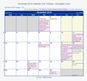 November 2018 Calendar With Eu Holidays To Print, HD Png Download, Free Download