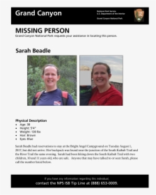 Missing 38 Year Old Hiker Sarah Beadle - Grand Canyon Missing Persons National Parks, HD Png Download, Free Download