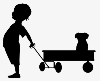 2 Kids A Wagon And Dog Clipart - Free Vector Child Silhouette, HD Png Download, Free Download