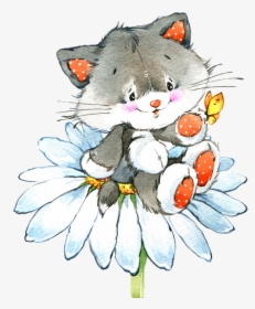 Cat Drawing Watercolor Painting Illustration - Flowers With Cats Drawing, HD Png Download, Free Download