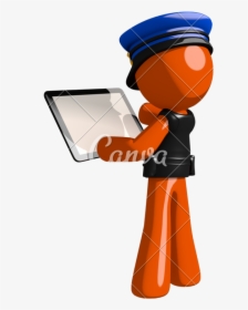 Orange Man Police Officer Viewing Tablet Computer Back - Police Cartoon With Tablet, HD Png Download, Free Download