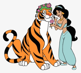 Clip Art Of Jasmine With Rajah Wearing A Crown Flowers - Jasmine Aladdin Tiger, HD Png Download, Free Download
