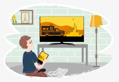 Boy Watching Tv And Ipad With Scary News On Them - Boy Watching News Cartoon, HD Png Download, Free Download