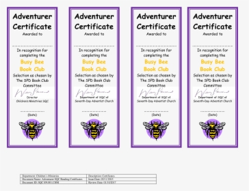 Reading Club Certificate Template Main Image - Adventurer Busy Bee Reading Certificate, HD Png Download, Free Download